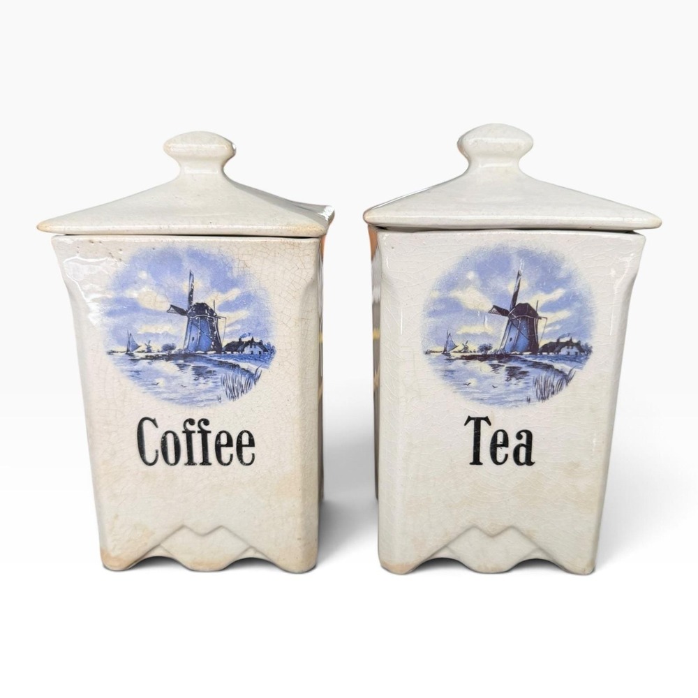 Vintage Dutch Windmill Ceramic Coffee and Tea Canister Set Blue White 2pc